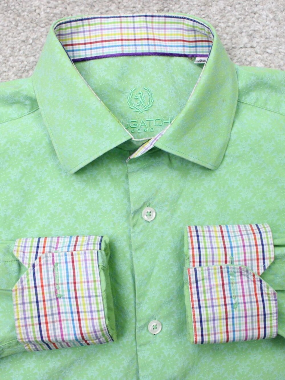 Bugatchi Uomo Shirt Mens 15 1/2, 34/35 Green Geometric Flip Cuff Long Sleeve